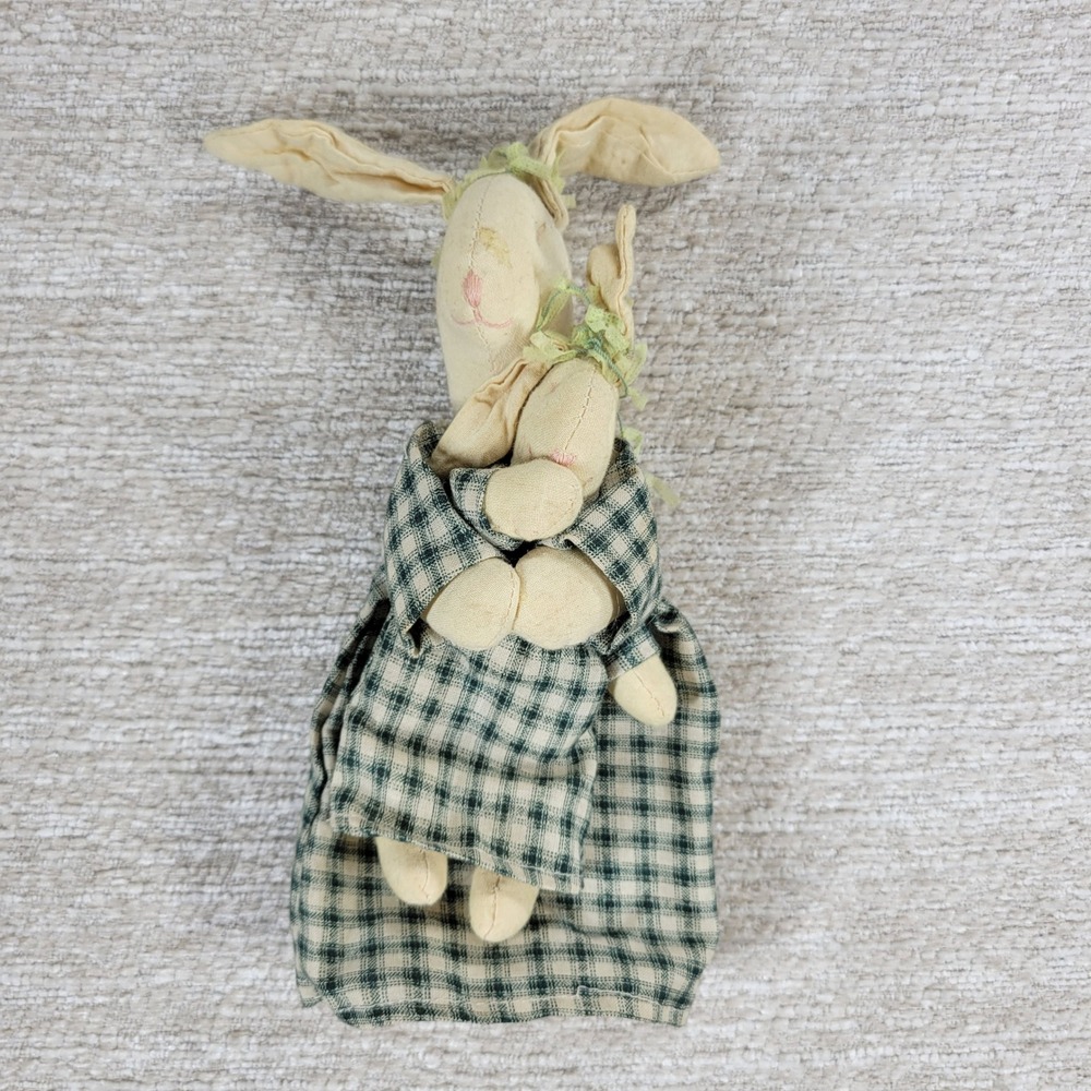 Muslin Mother & Baby Bunny Rabbit Doll Handmade Gingham Dress Primitive Antique
